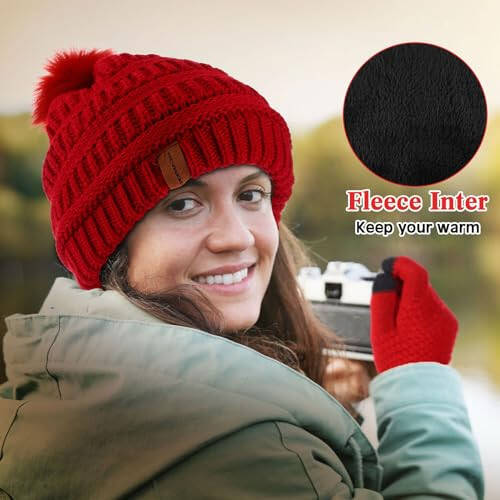 5 Pieces Women Winter Warm Set Knit Beanie Hat Scarf Touchscreen Gloves Earmuffs Stockings 5 in 1 Ski Outing Set for Gift - 6