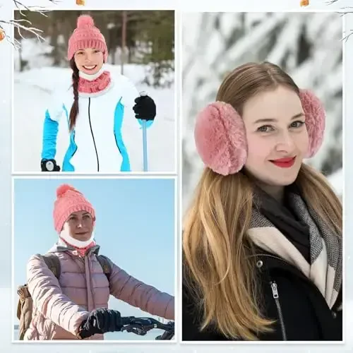 5 Pieces Women Winter Warm Set Knit Beanie Hat Scarf Touchscreen Gloves Earmuffs Stockings 5 in 1 Ski Outing Set for Gift - 7