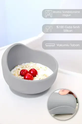 5-предметный силиконовый набор для кормления - нагрудник - тарелка - вакуумная миска - поильник с трубочкой - ложка - серый - MELENI BABY (1)