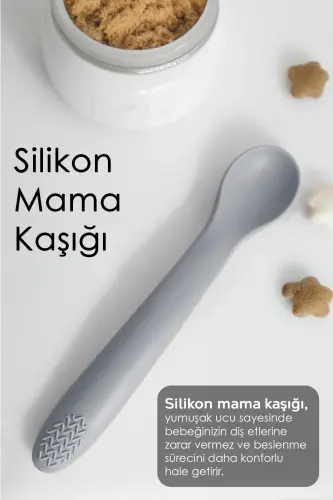 5-предметный силиконовый набор для кормления - нагрудник - тарелка - вакуумная миска - поильник с трубочкой - ложка - серый - 4