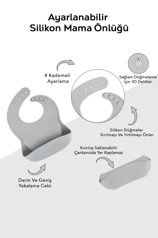 5 qismli silikon ovqatlantirish to'plami - Chaqaloq uchun so'lakcha - Tarelka - Vakuumli kosa - Pipetli stakan - Qoshiq - Kulrang - 3