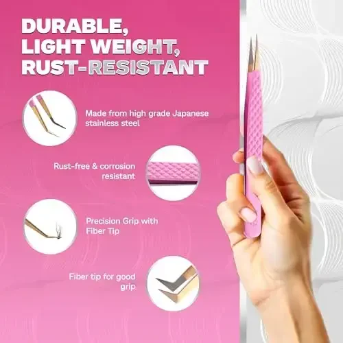 5 шт. набор пинцетов для наращивания ресниц с японским стальным волокном и кожаным чехлом, профессиональные пинцеты для наращивания ресниц с титановым покрытием, углы 90 и 45 градусов, прецизионные пинцеты (РОЗОВЫЙ) - Modazone (1)