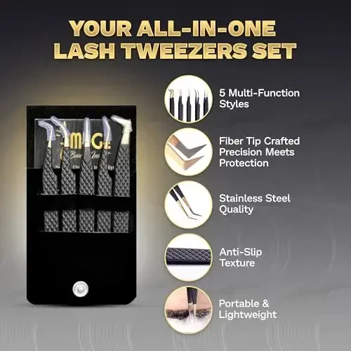 5 шт. набор пинцетов для ресниц с японскими стальными наконечниками и кожаным чехлом, профессиональные пинцеты для наращивания ресниц – титановое покрытие, углы 90 и 45, прецизионные заостренные пинцеты (МАТОВЫЙ ЧЕРНЫЙ) - 6