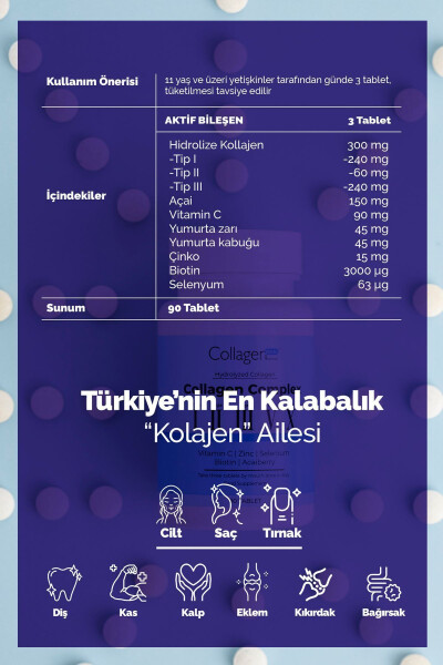 5 Tip Kolajen Kompleks, Tip 1,2,3, Tip 5 ve Tip 10, Biyotin, C Vitamini, Çinko & Selenyum 90 Tablet - 11