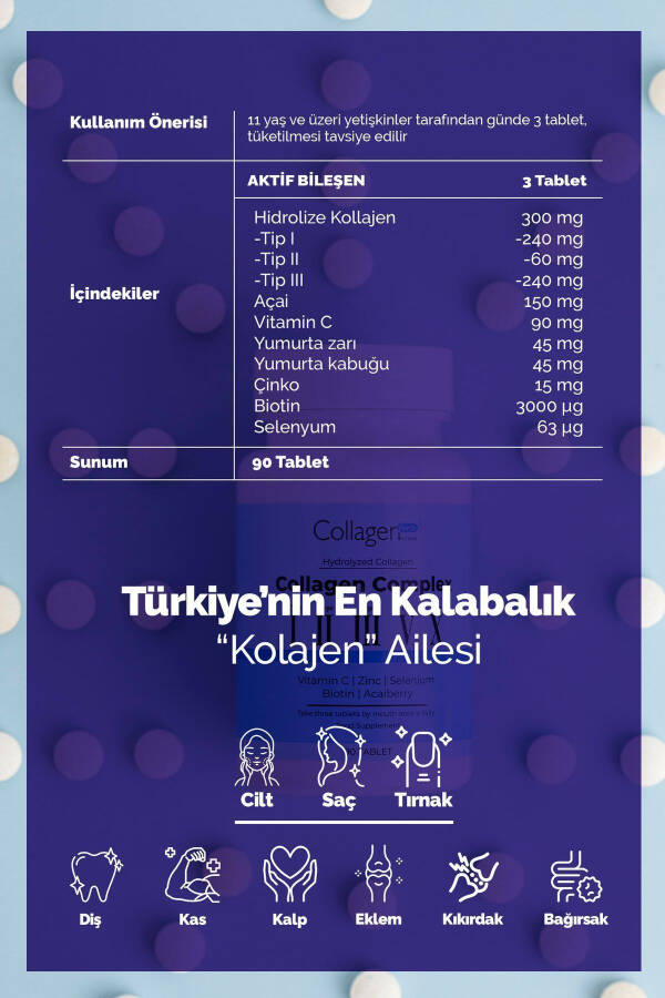 5 Tip Kolajen Kompleks, Tip 1,2,3, Tip 5 ve Tip 10, Biyotin, C Vitamini, Çinko & Selenyum 90 Tablet - 11