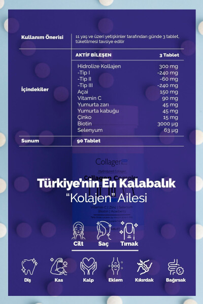 5 Tip Kolajen Kompleks, Tip 1,2,3, Tip 5 ve Tip 10, Biyotin, C Vitamini, Çinko & Selenyum 90 Tablet - 5