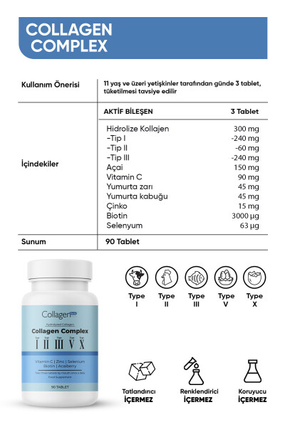 5 Tip Kolajen Kompleks, Tip 1,2,3, Tip 5 ve Tip 10, Biyotin, C Vitamini, Çinko & Selenyum 90 Tablet - 15