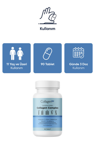 5 Tip Kolajen Kompleks, Tip 1,2,3, Tip 5 ve Tip 10, Biyotin, C Vitamini, Çinko & Selenyum 90 Tablet - 16