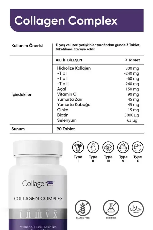 5 Tip Kolajen Complex Tip 1,2,3,5 Ve Tip 10 Biotin, Çinko, Selenyum, C Vitamini & Açai, 90 Tablet - 2