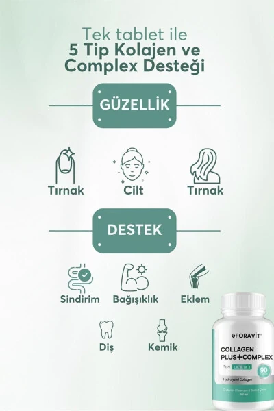 5 Tip Kolajen Tip 1, Tip 2, Tip 3, Tip 5 ,tip 10, ( Selenyum , C Vitamini Ve Çinko ) 90 Tablet - FORAVIT (1)