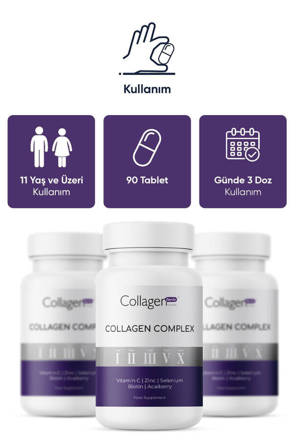 5 Turdagi Kollagen Kompleksi 1,2,3,5 va 10-Turdagi Biotin, Sink, Selen, C Vitamini & Açaí, 90 Tablet - 12