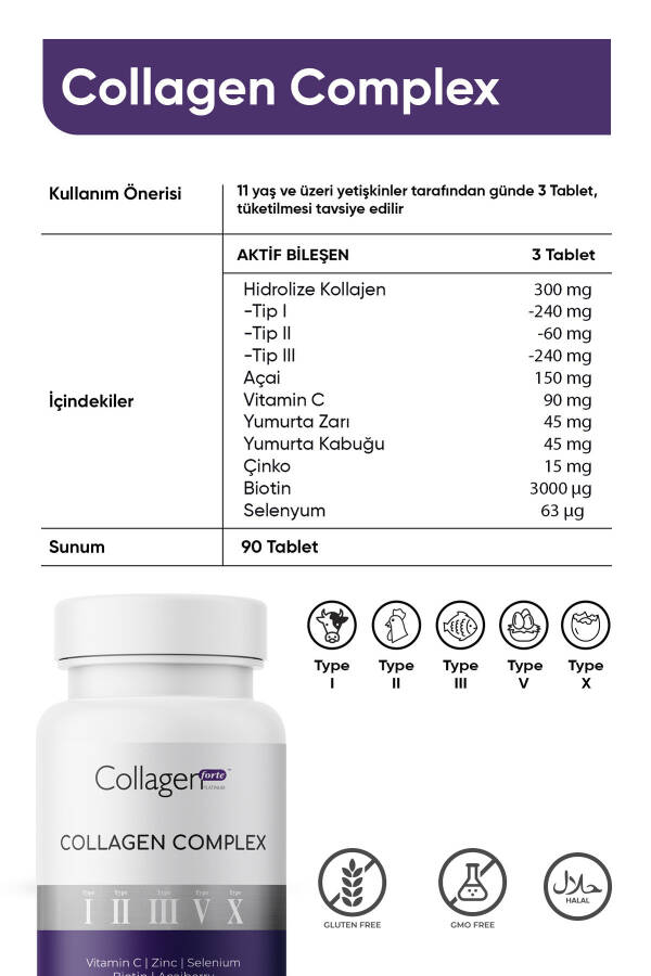 5 Turdagi Kollagen Kompleksi 1,2,3,5 va 10-Turdagi Biotin, Sink, Selen, C Vitamini & Açaí, 90 Tablet - 19