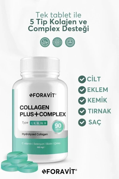 5 Types of Collagen (Type 1, Type 2, Type 3, Type 5, Type 10), (Selenium, Vitamin C and Zinc) 90 Tablets - FORAVIT