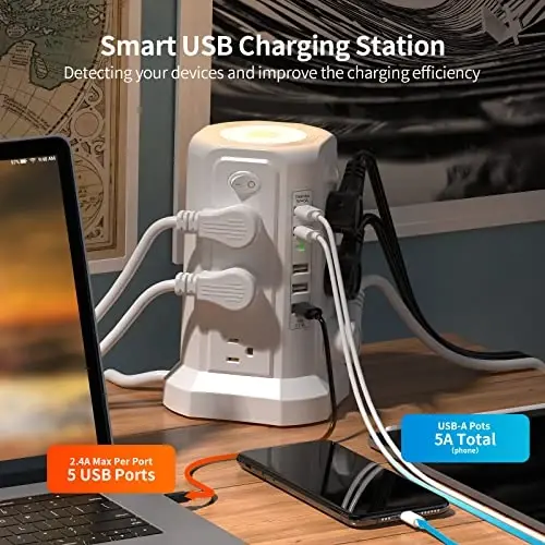 Surge Protector Power Strip Tower with 5 USB Ports and Night Light, 10FT Extension Cord with 12 AC Multiple Outlets, PASSUS Power Tower, Overload Protection for Home Office Dorm Room (White) - 4