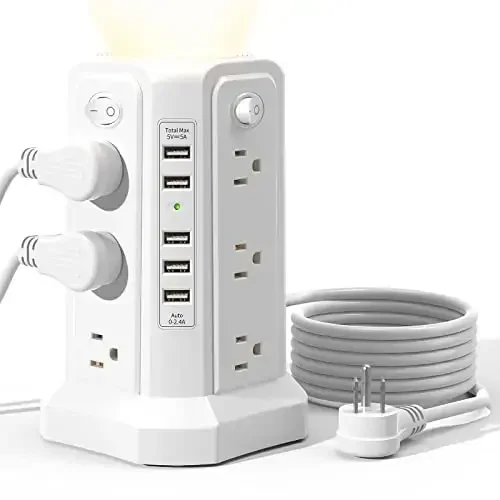 Surge Protector Power Strip Tower with 5 USB Ports and Night Light, 10FT Extension Cord with 12 AC Multiple Outlets, PASSUS Power Tower, Overload Protection for Home Office Dorm Room (White) - PASSUS