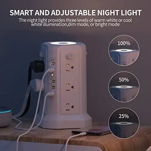 Surge Protector Power Strip Tower with 5 USB Ports and Night Light, 10FT Extension Cord with 12 AC Multiple Outlets, PASSUS Power Tower, Overload Protection for Home Office Dorm Room (White) - 2