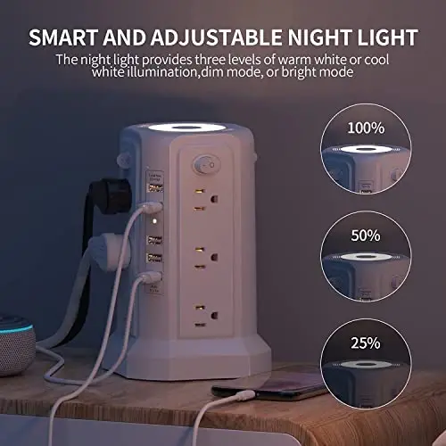Surge Protector Power Strip Tower with 5 USB Ports and Night Light, 10FT Extension Cord with 12 AC Multiple Outlets, PASSUS Power Tower, Overload Protection for Home Office Dorm Room (2PC-White+Black) - 2