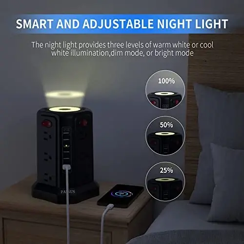Surge Protector Power Strip Tower with 5 USB Ports and Night Light, 10FT Extension Cord with 12 AC Multiple Outlets, PASSUS Power Tower, Overload Protection for Home Office Dorm Room (2PC-White+Black) - 3