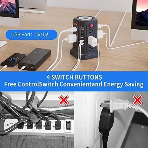 Surge Protector Power Strip Tower with 5 USB Ports and Night Light, 10FT Extension Cord with 12 AC Multiple Outlets, PASSUS Power Tower, Overload Protection for Home Office Dorm Room (2PC-White+Black) - 5