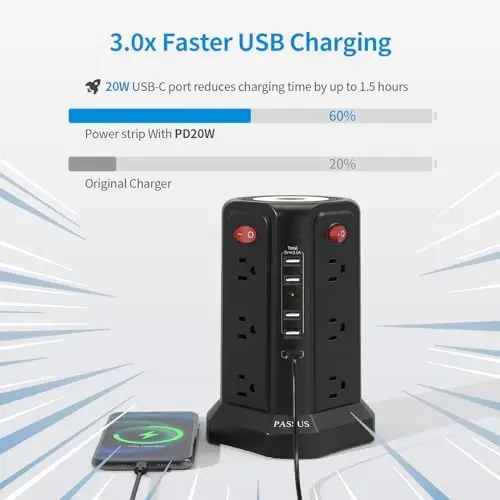5 USB portli surge himoyachisi (1 USB C PD20W), tungi chiroqli 2-avlod PASSUS elektr tarmoqlari, uy ofisi, yotoqxona uchun zarur bo'lgan narsalar uchun 10 FT uzaytirish kabeli bilan bir nechta rozetka. - 3