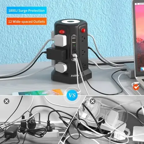 5 USB portli surge himoyachisi (1 USB C PD20W), tungi chiroqli 2-avlod PASSUS elektr tarmoqlari, uy ofisi, yotoqxona uchun zarur bo'lgan narsalar uchun 10 FT uzaytirish kabeli bilan bir nechta rozetka. - 5