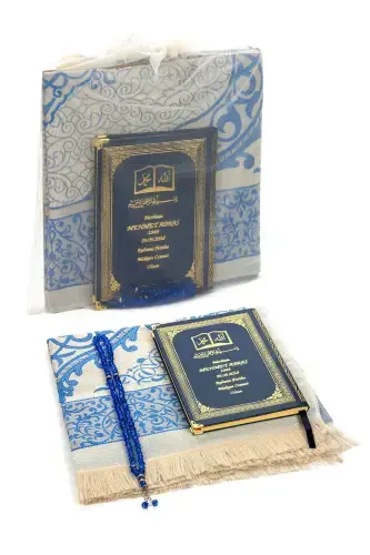 50 ADET - İsim Baskılı Ciltli Yasin Kitabı - Seccade - Kristal Tesbih Set - Kişiye Özel Hediye-Lacivert - 1