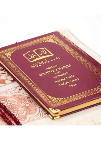 50 ADET - İsim Baskılı Ciltli Yasin Kitabı - Seccade - Kristal Tesbih Set - Mevlit Hediyesi - Bordo - 3