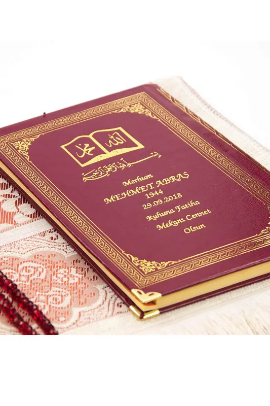 50 ADET - İsim Baskılı Ciltli Yasin Kitabı - Seccade - Kristal Tesbih Set - Mevlit Hediyesi - Bordo - 3