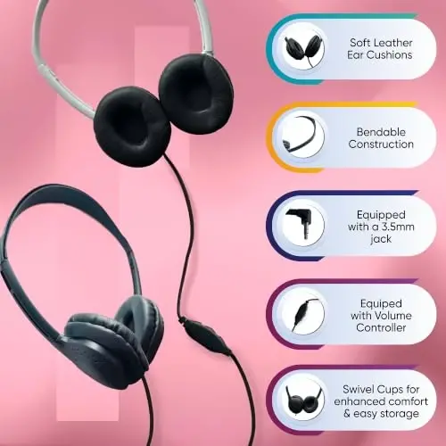 50 Pack Bulk Wired On-Ear Leather Headphones with 3.5mm Connector and Remote Control for Volume, Multi - 5