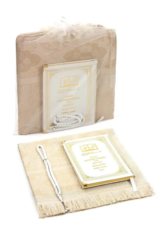 50 Pieces - Personalized Hardcover Yaseen Book - Prayer Rug - Crystal Rosary Set - Mevlut Gift-White - İHVAN