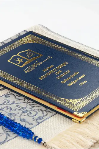 50 Pieces - Personalized Hardcover Yasin Book - Prayer Rug - Crystal Rosary Set - Custom Gift-Navy Blue - IHVAN ONLINE (1)