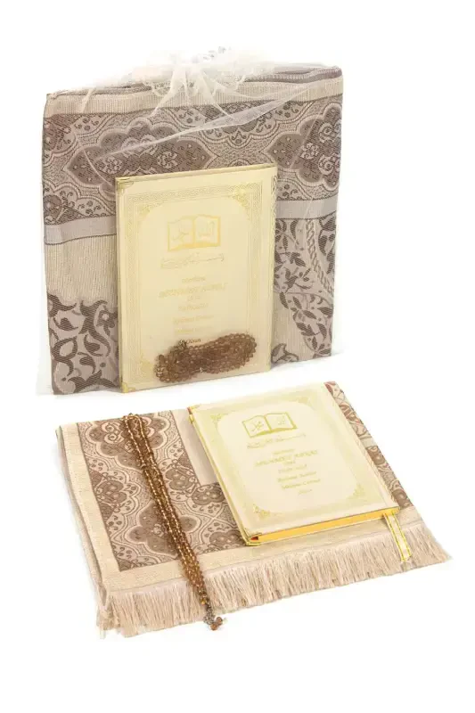 50 штук - Книга в твердом переплете Ясин с именной печатью - Молитвенный коврик - Кристальный набор четок - Религиозный подарок - Крем - İHVAN