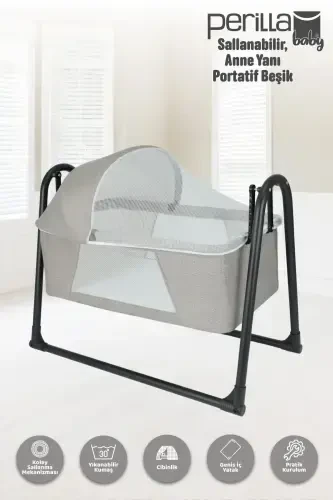 50 x 70 Rocking Portable Crib with Mosquito Net Beside Mother Bed Open Gray Grey Beside Mother Bed 9 - 25 kg 2 Years S-gray - 1