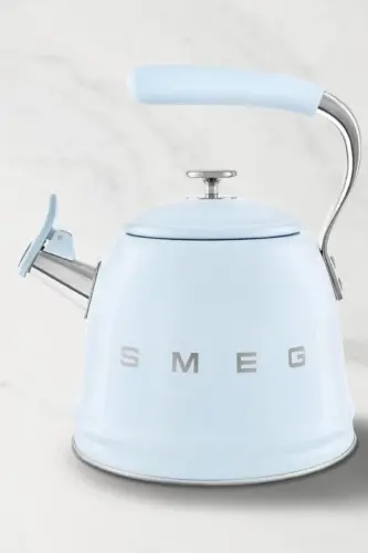 50-yillarda uslubdagi pastel ko'k rangli pechka ustiga qo'yiladigan hushtakli choynak 2,3 litr - 1