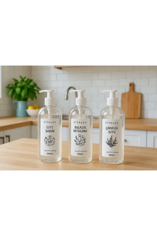 500ML Clear Plastic Bottle Labeled Liquid Soap, Dish Soap, and Bleach - 1