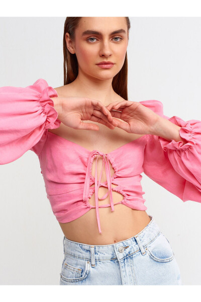 50131 Balon Yengli Crop Top - Fuşya - DILVIN