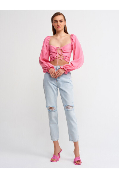 50131 Balon Yengli Crop Top - Fuşya - DILVIN (1)