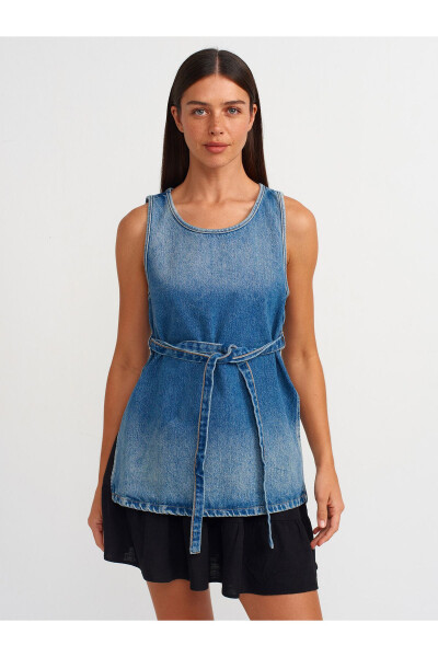 50729 Thin Belt Denim Blouse - Blue - DILVIN