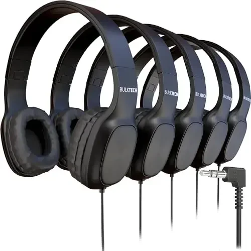 50 Pack Bulk Wired On-Ear Leather Headphones with 3.5mm Connector, Oval Metal Housing, Black - BULKTECH