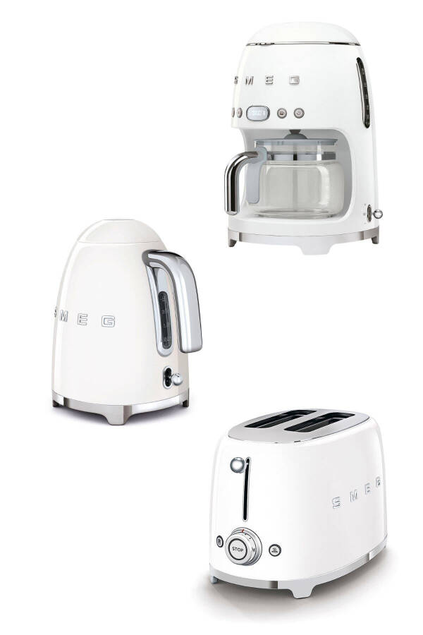 50's Style Beyaz Kettle - 1x2 Ekmek Kızartma Makinesi Ve Filtre Kahve Makine Seti - Beyaz - 1