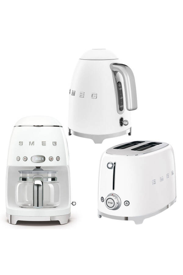 50's Style Beyaz Kettle - 1x2 Ekmek Kızartma Makinesi Ve Filtre Kahve Makine Seti - Beyaz - 2