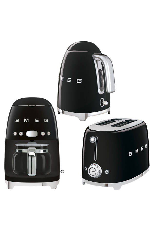 50s Style Black Kettle - 1x2 Slice Toaster and Filter Coffee Maker Set - 1