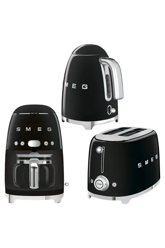 50's Style Black Kettle - 1x2 Toaster And Filter Coffee Machine Set-Black - 1