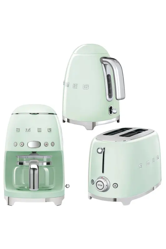 50's Style Pastel Green Kettle - 1x2 Toaster And Filter Coffee Machine Set-Green - 1
