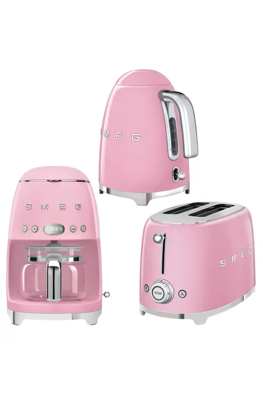 50's Style Pink Kettle - 1x2 Toaster And Filter Coffee Machine Set-Pink - SMEG