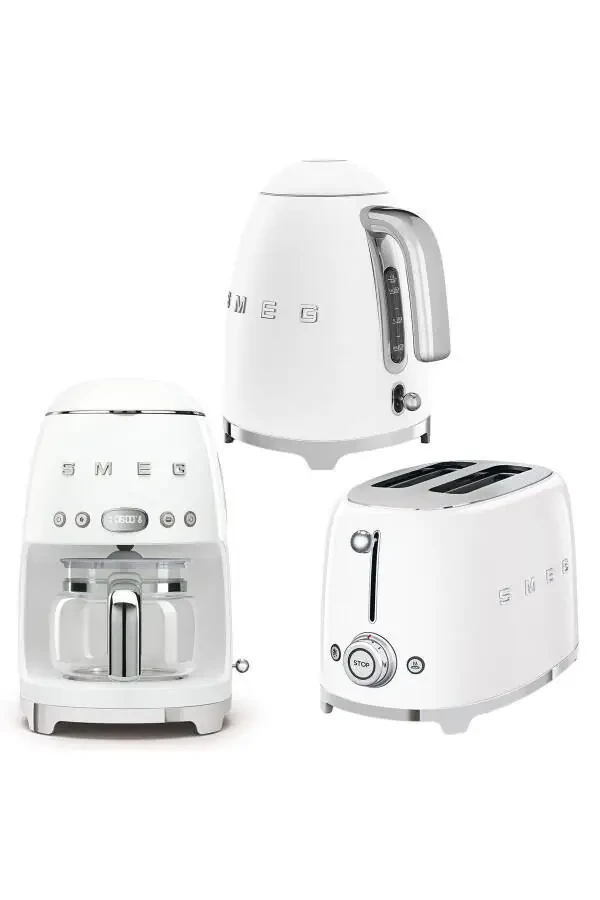 50s Style White Kettle - 1x2 Toaster & Filter Coffee Maker Set - 2