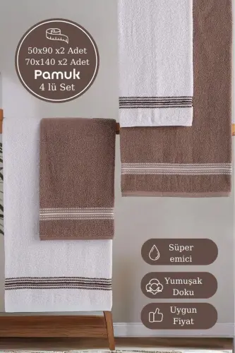 50x90 + 70x140 Cm Elvin 4'lü Banyo Havlusu Seti Kahverengi - Beyaz-COKLU RENK 