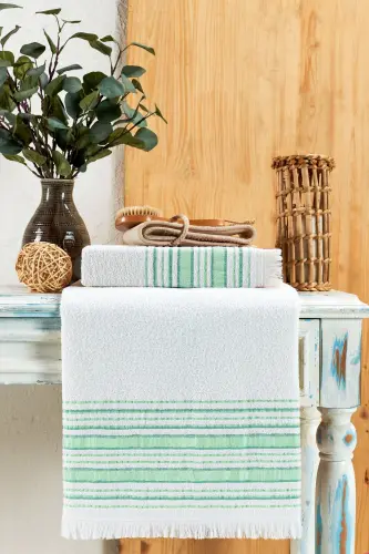 | 50x90 + 70x140 cm. Saçak Detaylı Pamuk | Vip Fıstık Yeşili | Banyo Havlu Seti-Fıstık Yeşil - 3
