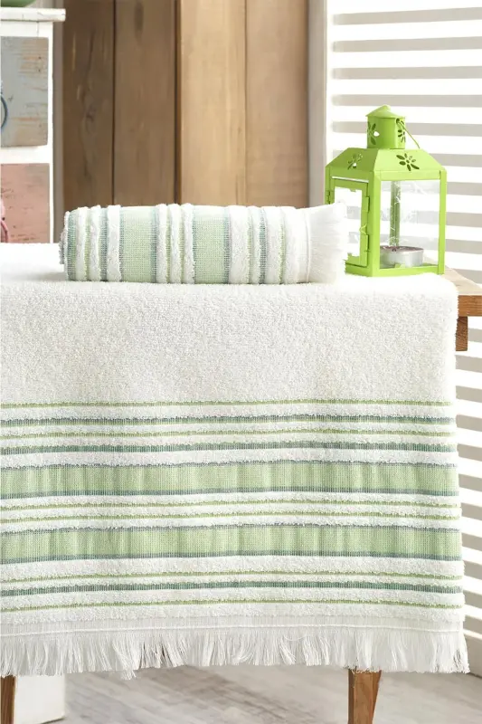 | 50x90 + 70x140 cm. Fringed Cotton | Vip Pistachio Green | Bath Towel Set - 4