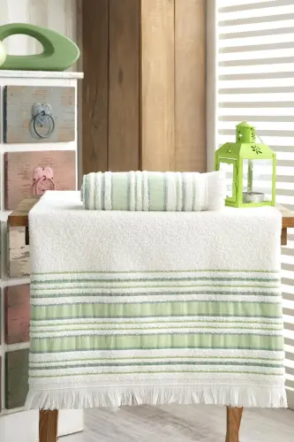 | 50x90 + 70x140 cm. Saçak Detaylı Pamuk | Vip Fıstık Yeşili | Banyo Havlu Seti - Fıstık Yeşil 